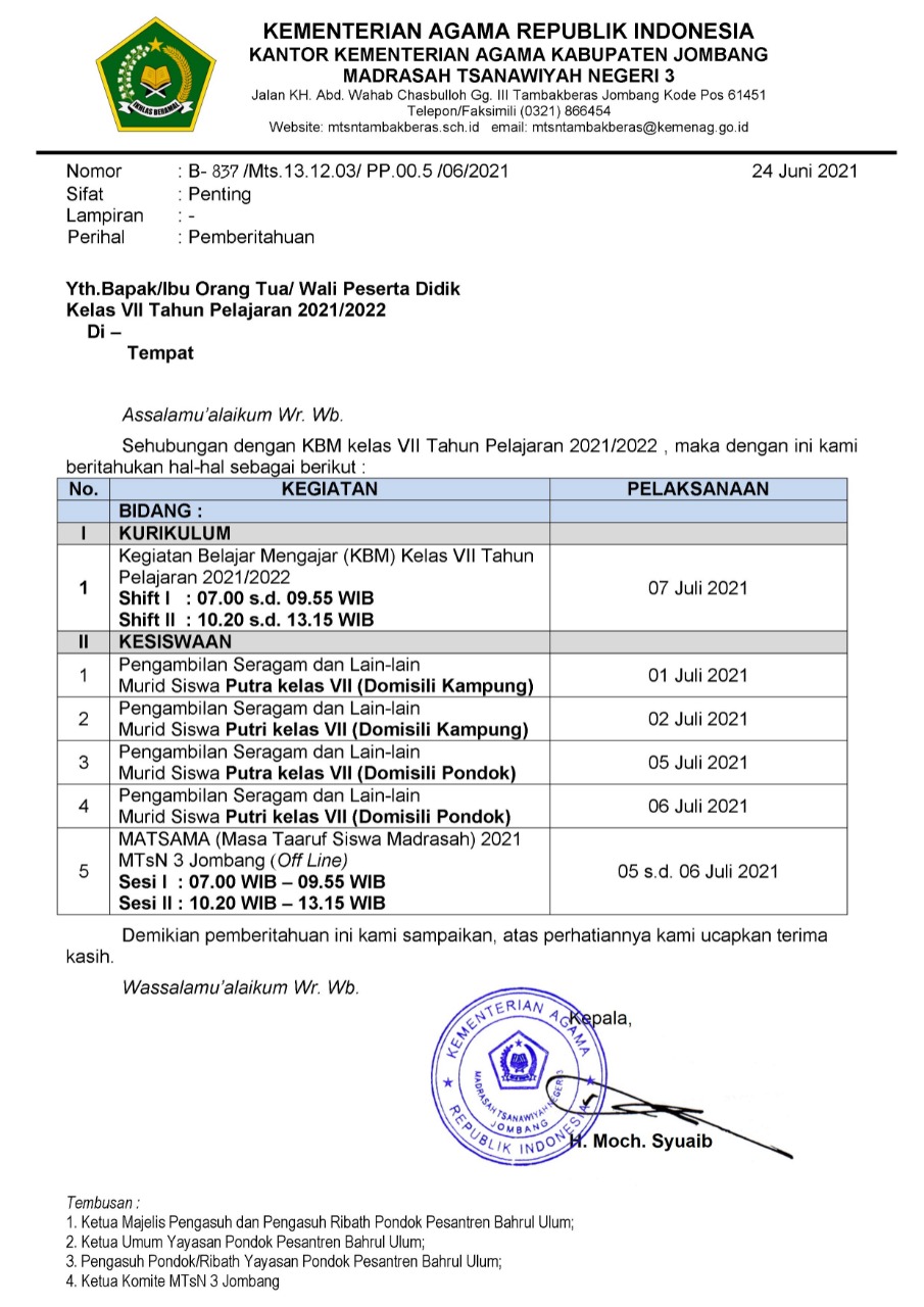 Pemberitahuan Informasi KBM Kelas VII tahun pelajaran 2021/2022