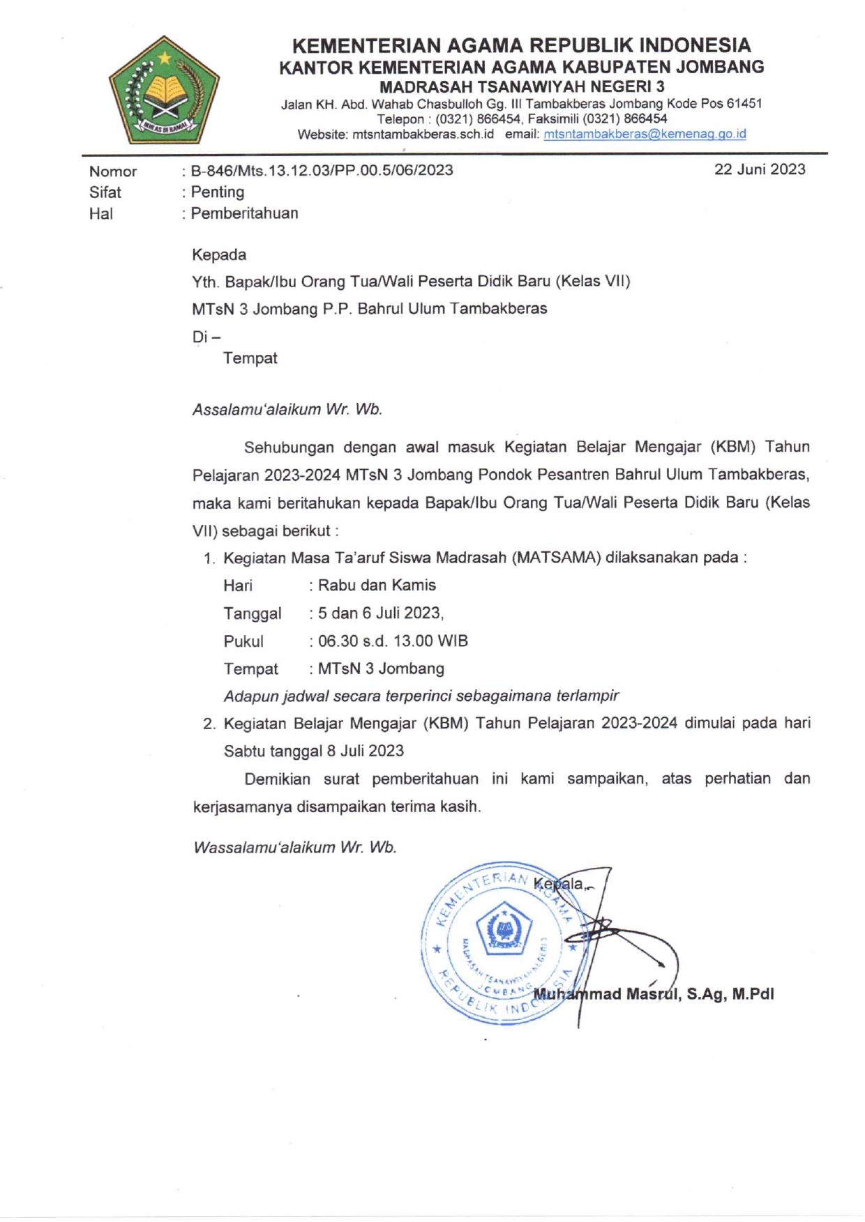 Pemberitahuan Resmi Masa Ta'aruf Siswa Madrasah (MATSAMA) Tahun Pelajaran 2023-2024