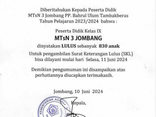 Pengumuman Kelulusan Siswa Kelas IX MTsN 3 Jombang 2024