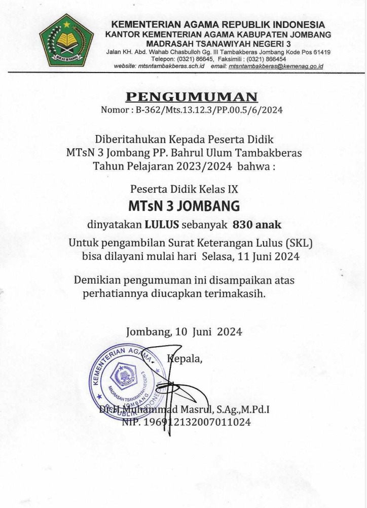 Pengumuman Kelulusan Siswa Kelas IX MTsN 3 Jombang 2024