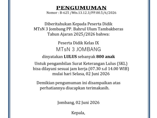 Pengumuman Kelulusan Kelas IX MTsN 3 Jombang Tahun Pelajaran 2025/2026