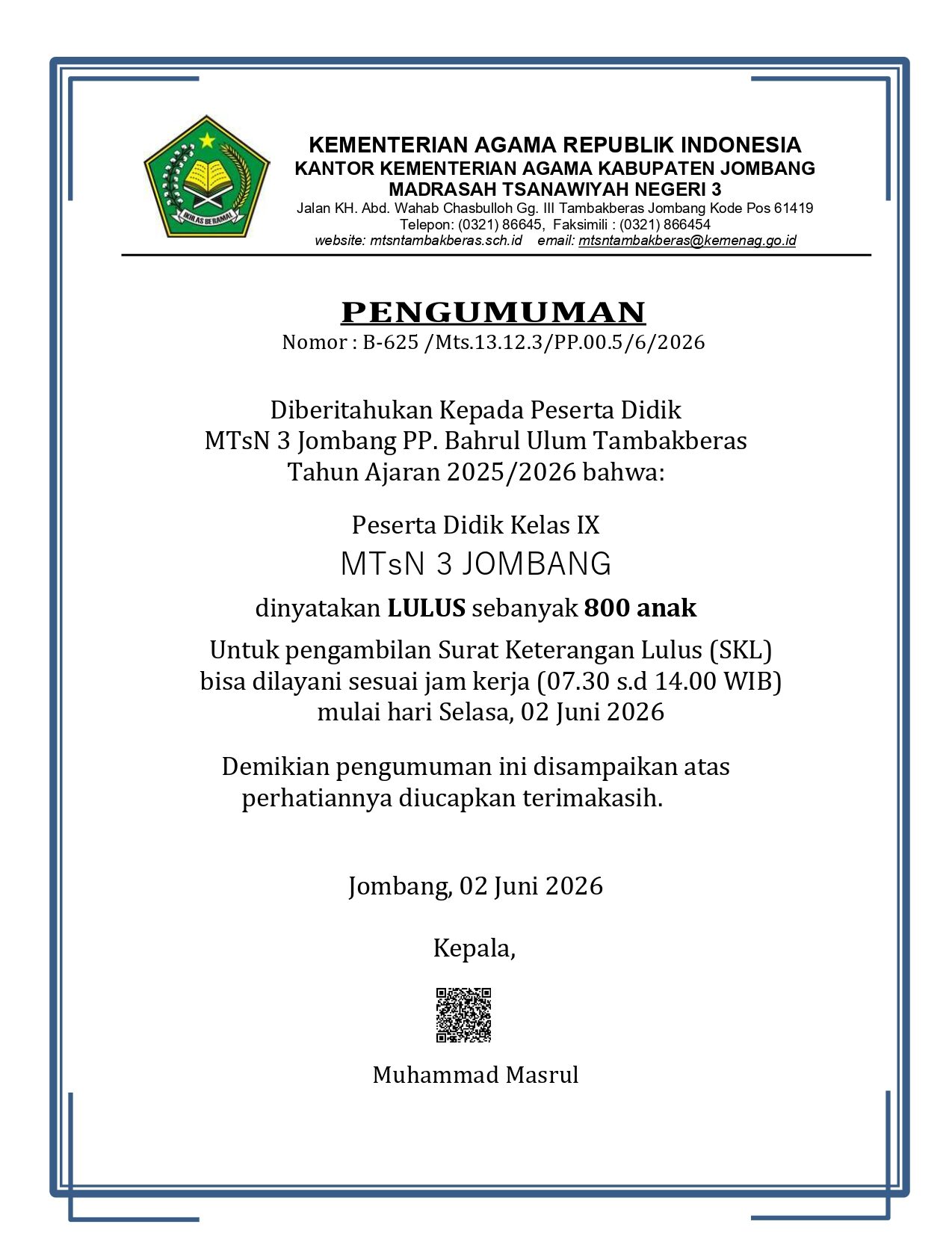 Pengumuman Kelulusan Kelas IX MTsN 3 Jombang Tahun Pelajaran 2025/2026 Pengumuman Kelulusan Kelas IX MTsN 3 Jombang Tahun Pelajaran 2025/2026